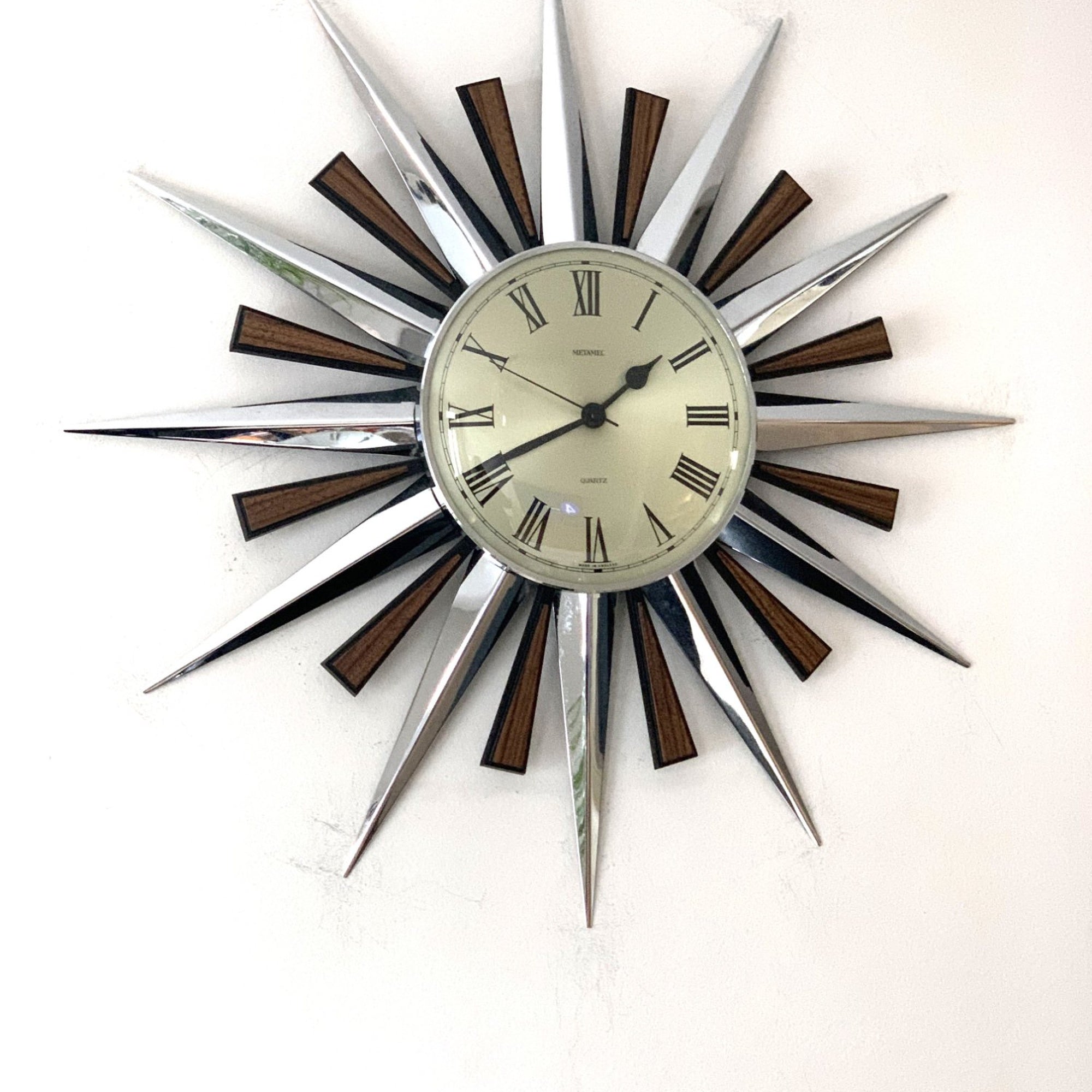 1970s Metamec Sunburst Clock – Original Chrome Starburst, Mid Century Modern, 60cm
