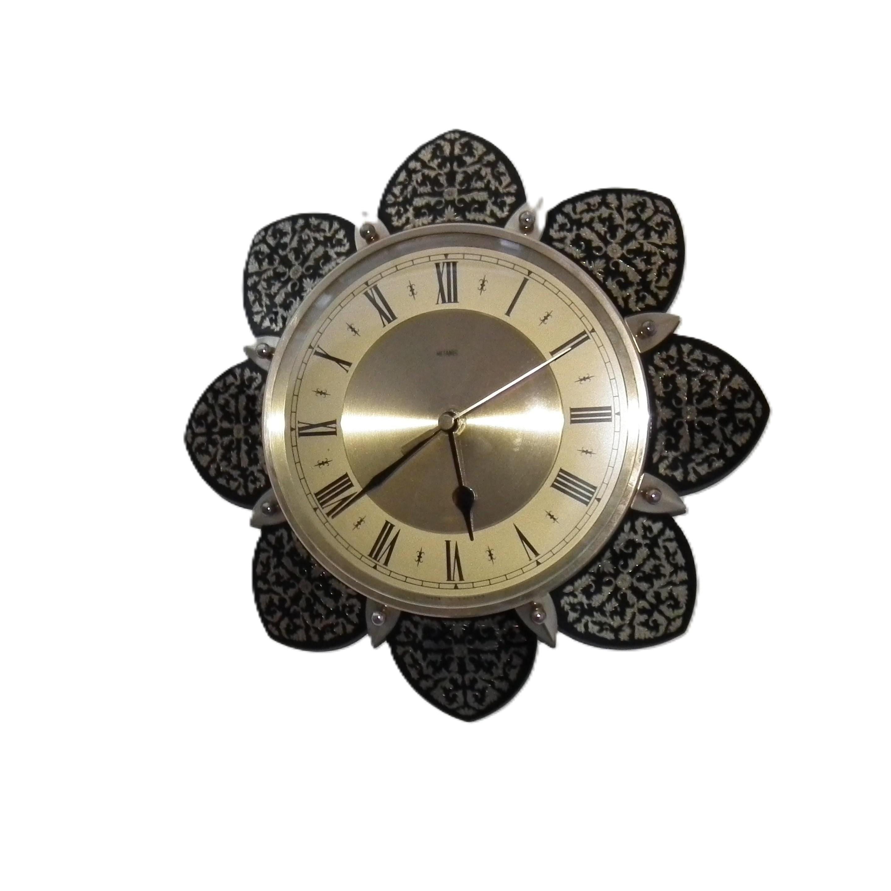 1970s Metamec Sunflower Clock – Brass Roman Numeral, Gold Filigree Petals, Mid Century Modern