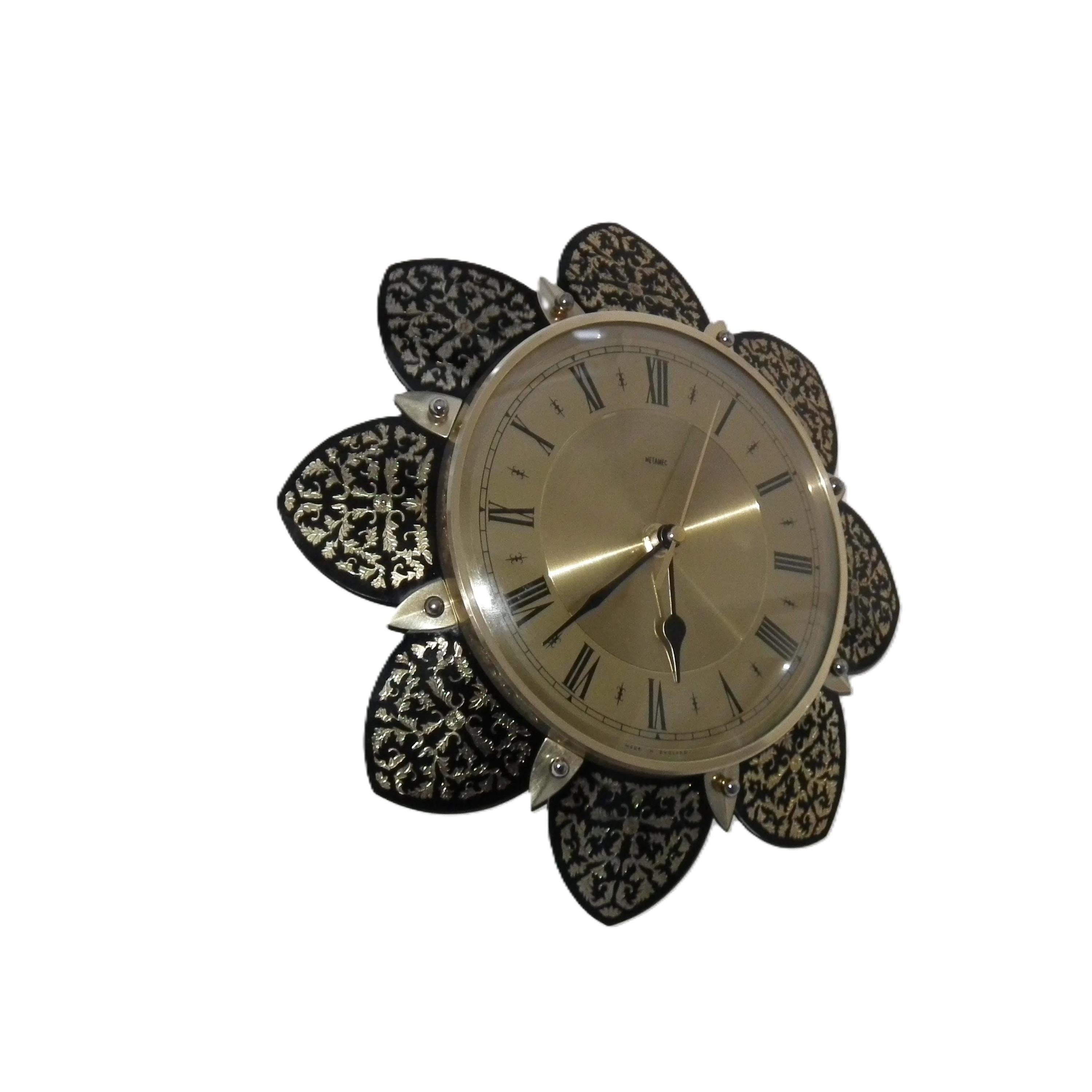 1970s Metamec Sunflower Clock – Brass Roman Numeral, Gold Filigree Petals, Mid Century Modern