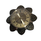 1970s Metamec Sunflower Clock – Brass Roman Numeral, Gold Filigree Petals, Mid Century Modern