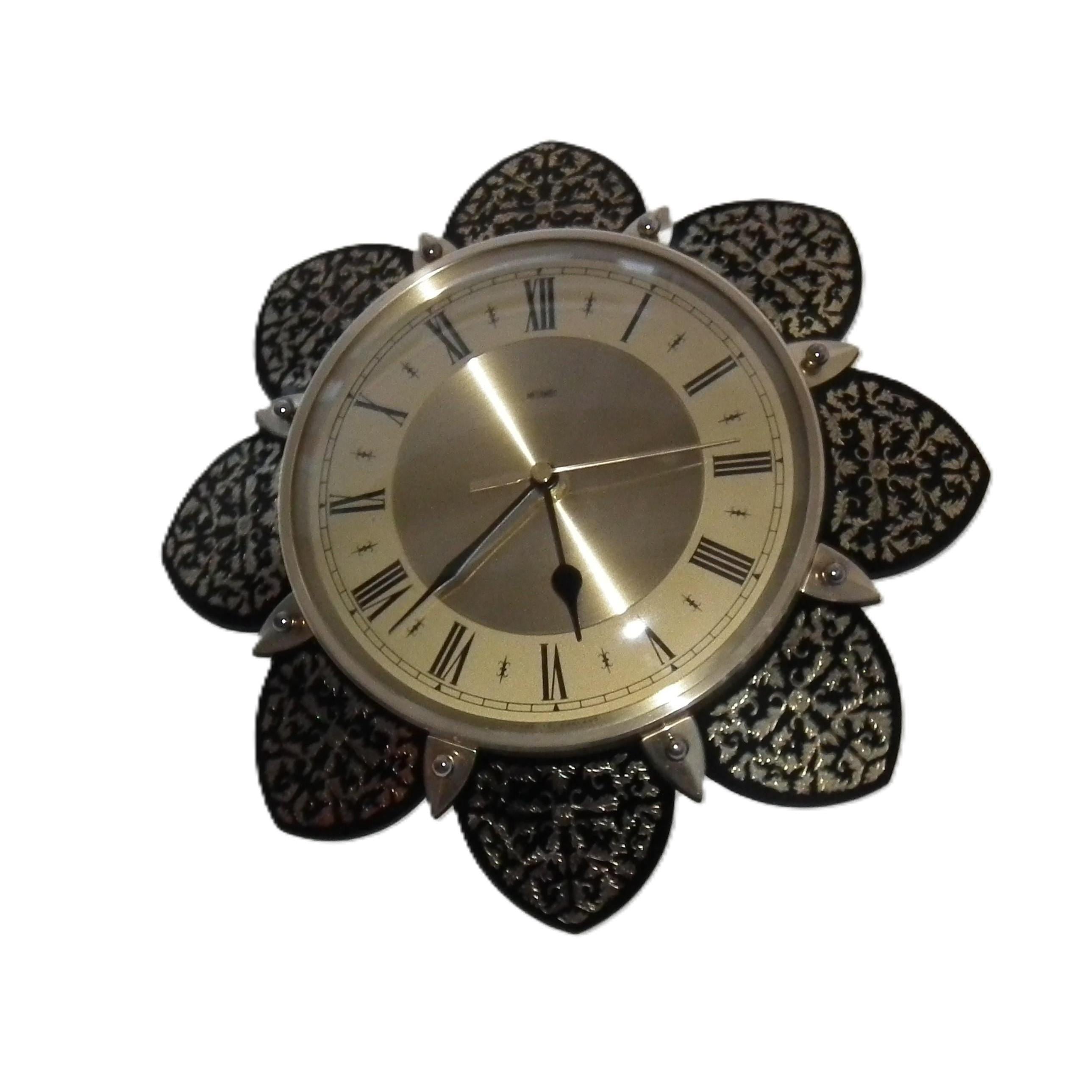 1970s Metamec Sunflower Clock – Brass Roman Numeral, Gold Filigree Petals, Mid Century Modern