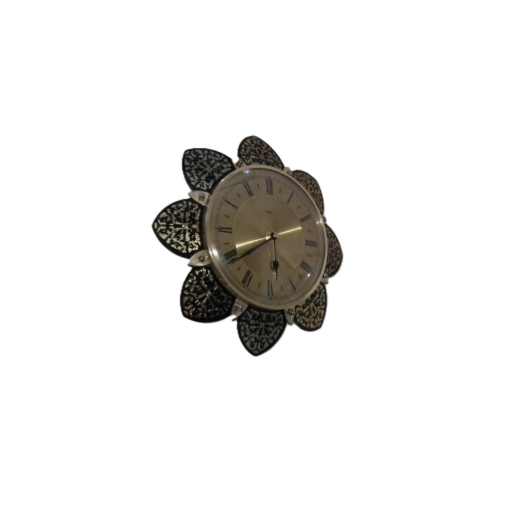 1970s Metamec Sunflower Clock – Brass Roman Numeral, Gold Filigree Petals, Mid Century Modern