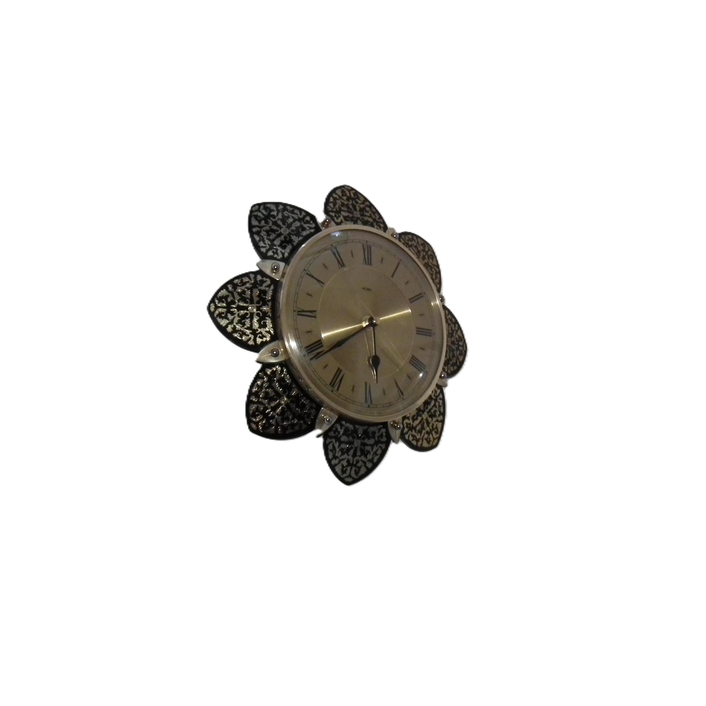 1970s Metamec Sunflower Clock – Brass Roman Numeral, Gold Filigree Petals, Mid Century Modern