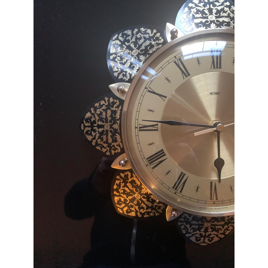 1970s Metamec Sunflower Clock – Brass Roman Numeral, Gold Filigree Petals, Mid Century Modern