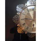 1970s Metamec Sunflower Clock – Brass Roman Numeral, Gold Filigree Petals, Mid Century Modern