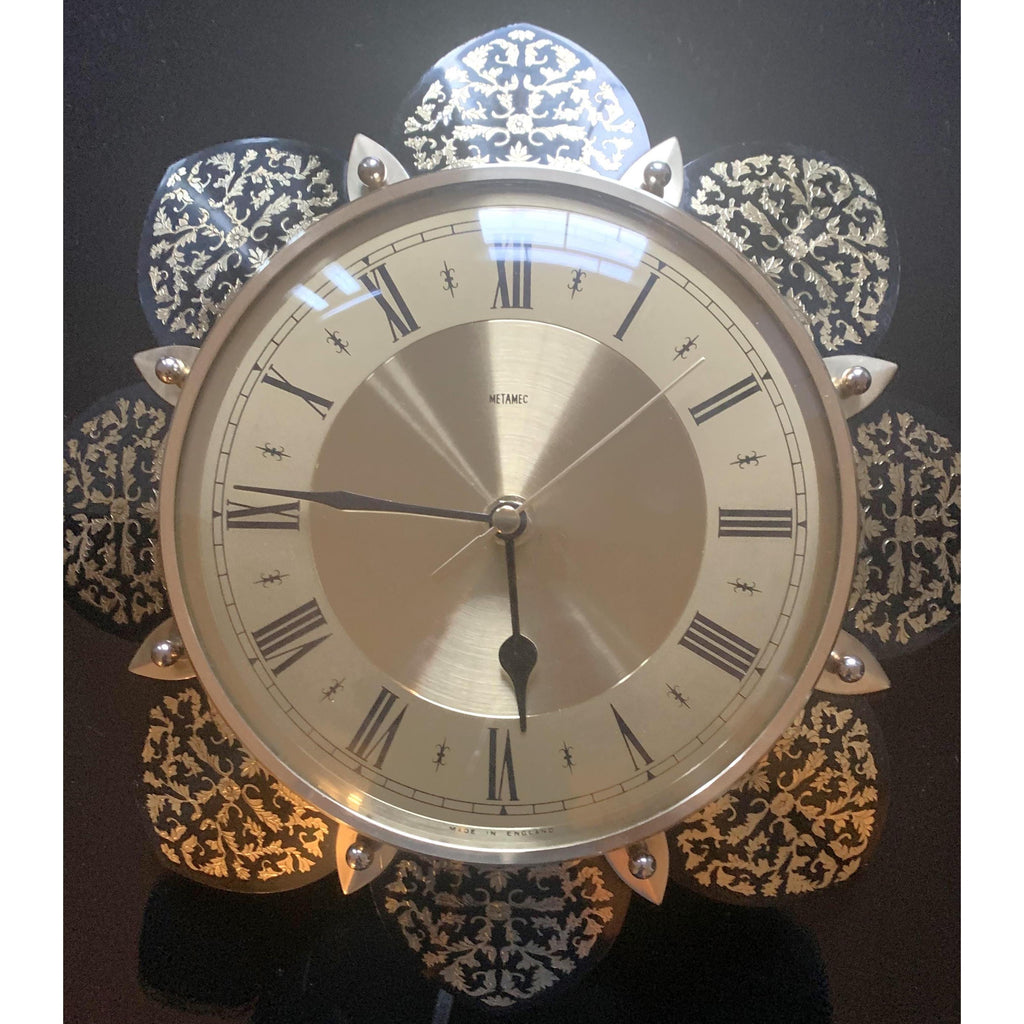1970s Metamec Sunflower Clock – Brass Roman Numeral, Gold Filigree Petals, Mid Century Modern