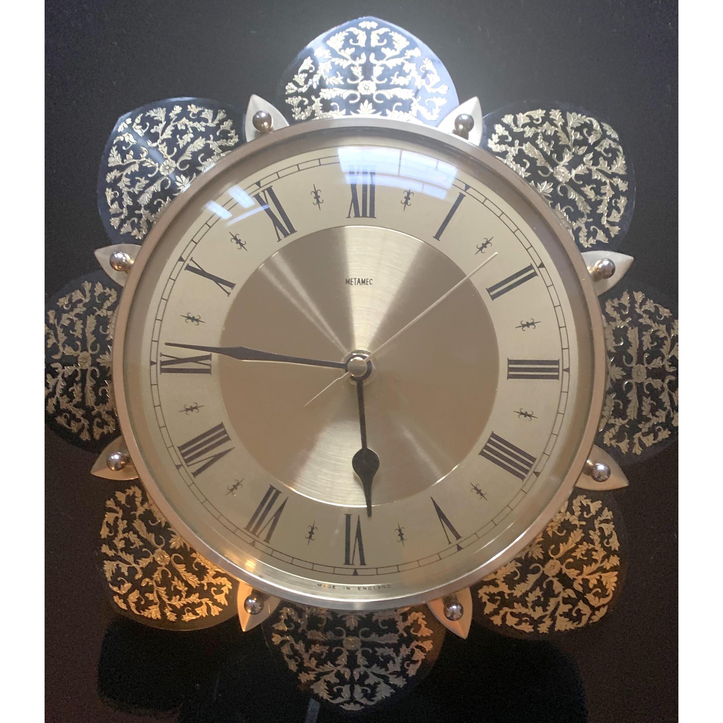 1970s Metamec Sunflower Clock – Brass Roman Numeral, Gold Filigree Petals, Mid Century Modern