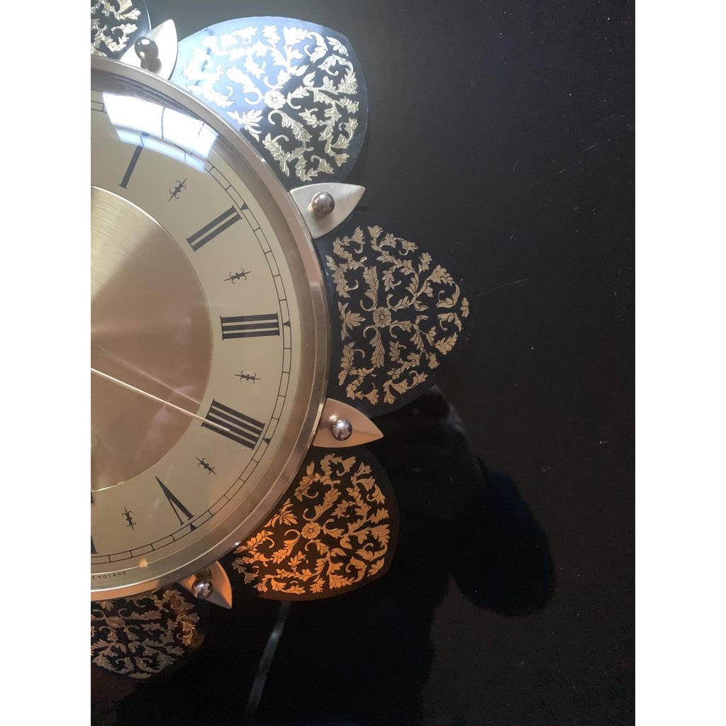 1970s Metamec Sunflower Clock – Brass Roman Numeral, Gold Filigree Petals, Mid Century Modern