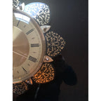 1970s Metamec Sunflower Clock – Brass Roman Numeral, Gold Filigree Petals, Mid Century Modern