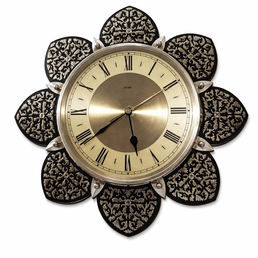 1970s Metamec Sunflower Clock – Brass Roman Numeral, Gold Filigree Petals, Mid Century Modern