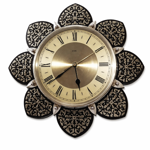 1970s Metamec Sunflower Clock – Brass Roman Numeral, Gold Filigree Petals, Mid Century Modern