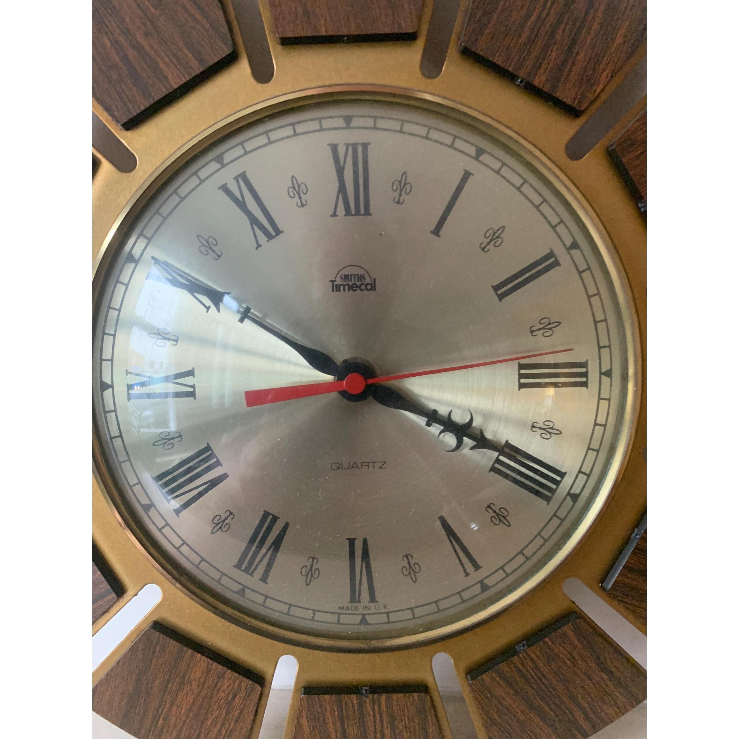 1970s Smiths Timecal Sunburst Clock – Teak Gold Starburst, Mid Century Modern Wall Decor