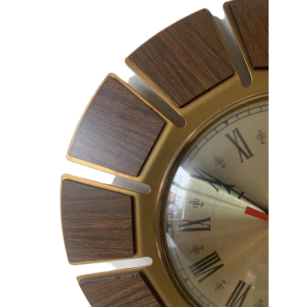 1970s Smiths Timecal Sunburst Clock – Teak Gold Starburst, Mid Century Modern Wall Decor