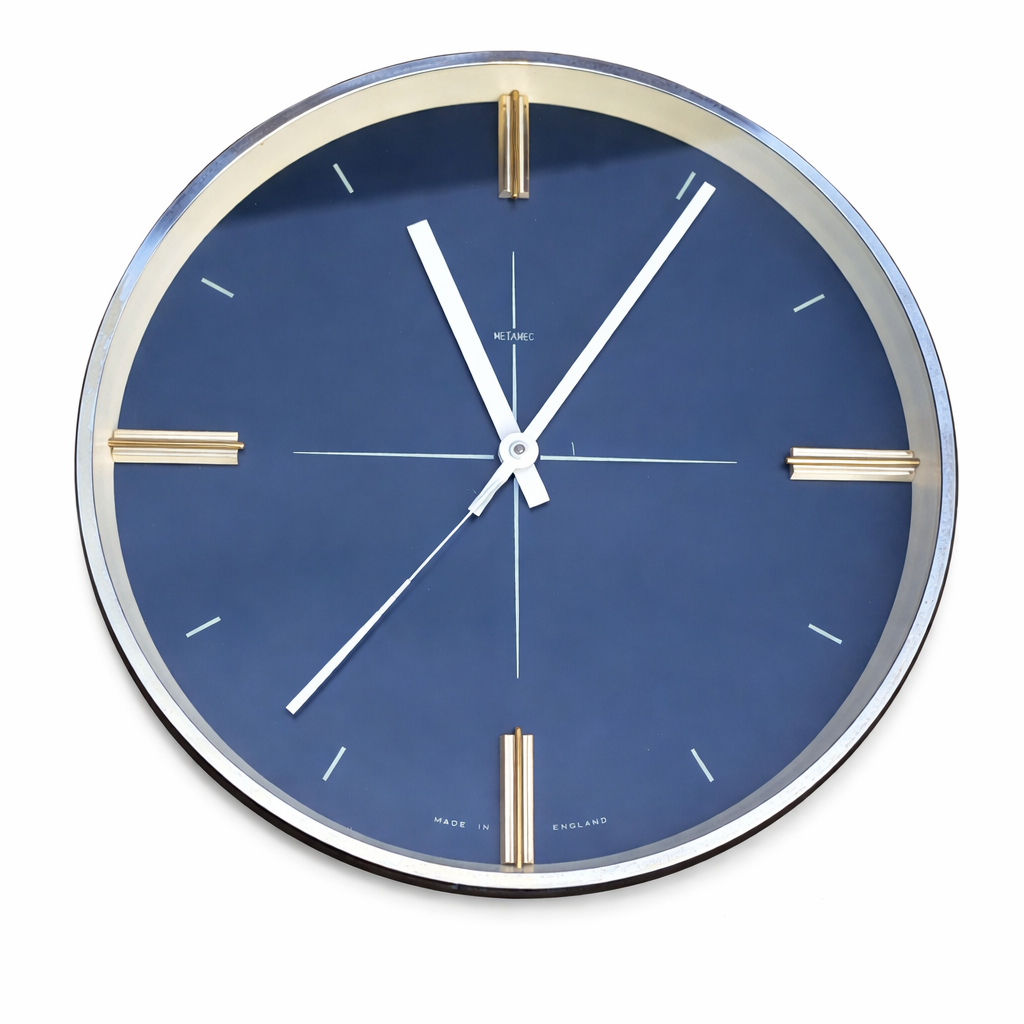 1971 Metamec Wall Clock – Midnight Blue Brass Mid Century Modern (Wind-Up)