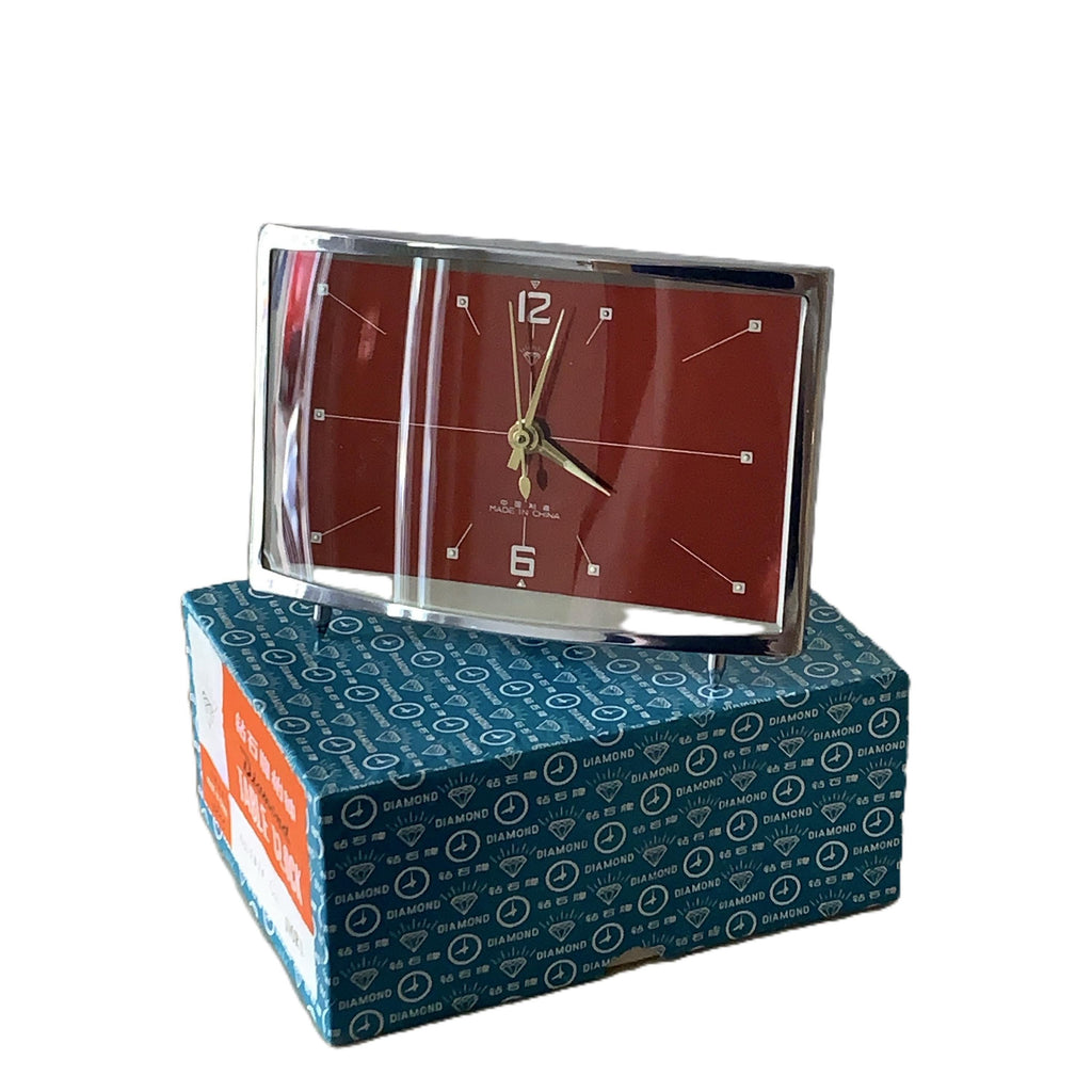1980s Diamond Mechanical Table Clock – Red Dial, Wind Up, NOS Original Box