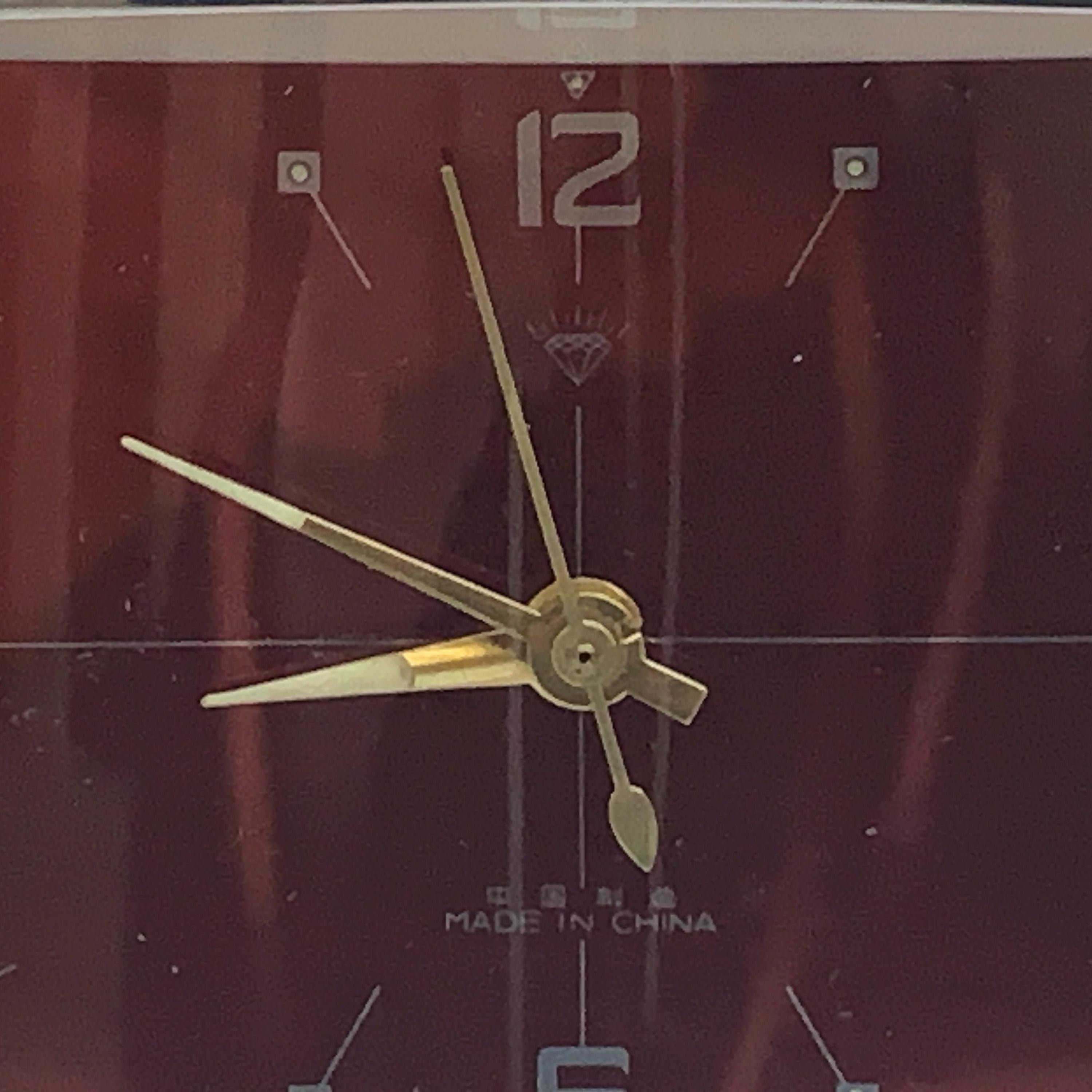 1980s Diamond Mechanical Table Clock – Red Dial, Wind Up, NOS Original Box