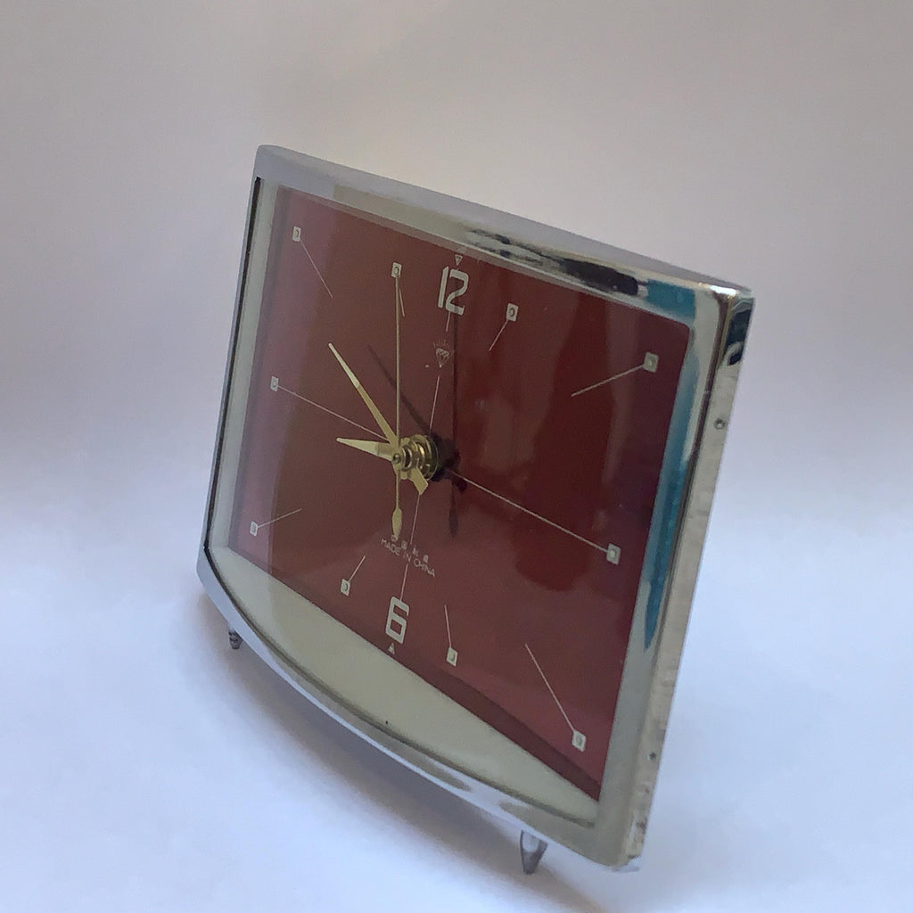 1980s Diamond Mechanical Table Clock – Red Dial, Wind Up, NOS Original Box