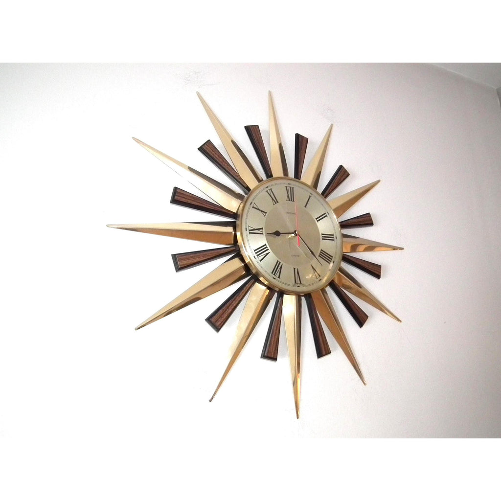 1980s Metamec Brass Sunburst Clock – Mid Century Modern Starburst Wall Art
