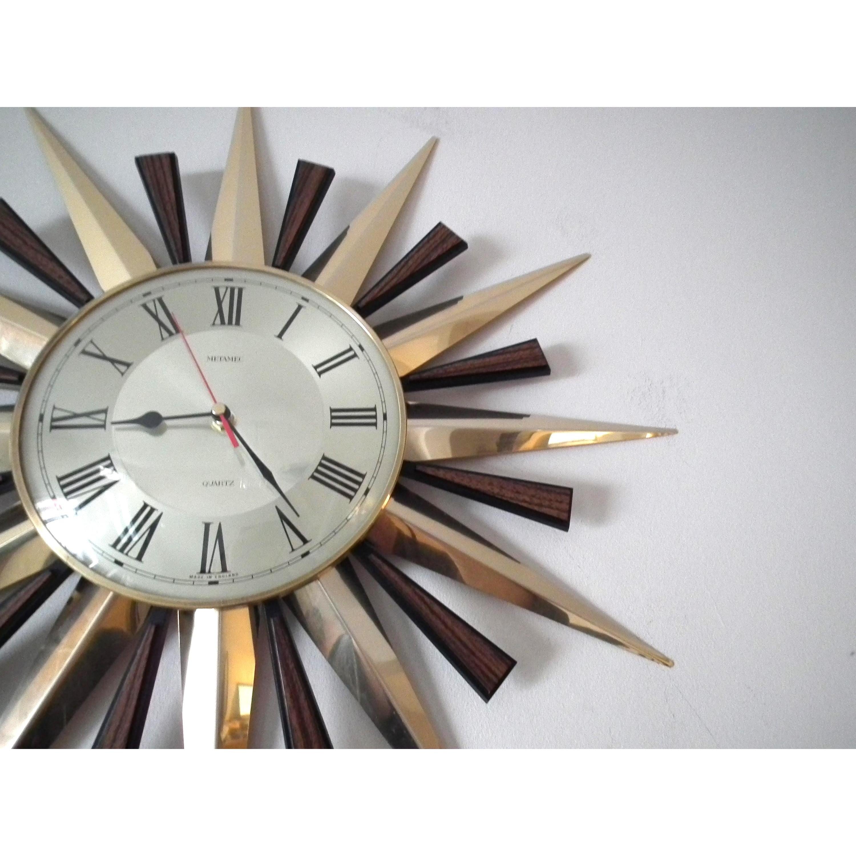 1980s Metamec Brass Sunburst Clock – Mid Century Modern Starburst Wall Art