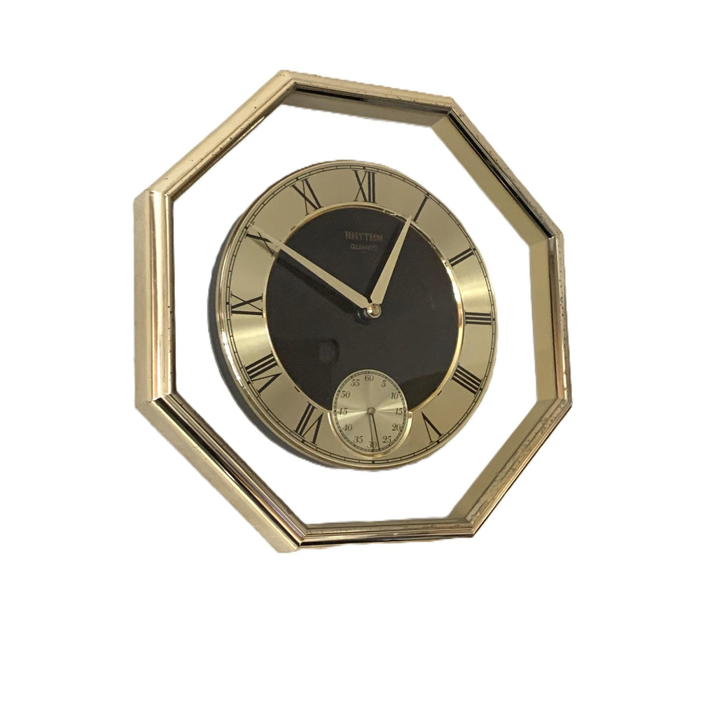 1980s Rhythm Japan Octagonal Brass Clock – Roman Numeral Geometric Dial, Postmodern