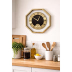 1980s Rhythm Japan Octagonal Brass Clock – Roman Numeral Geometric Dial, Postmodern