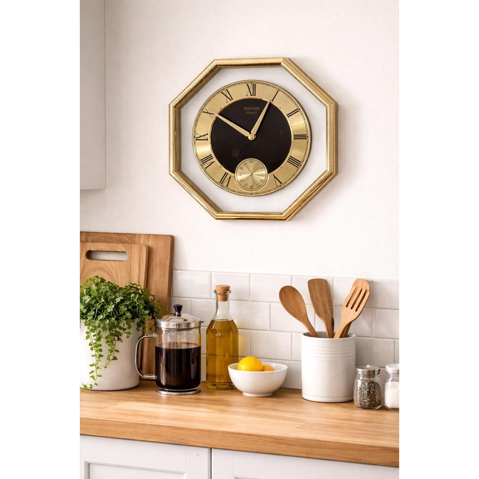 1980s Rhythm Japan Octagonal Brass Clock – Roman Numeral Geometric Dial, Postmodern