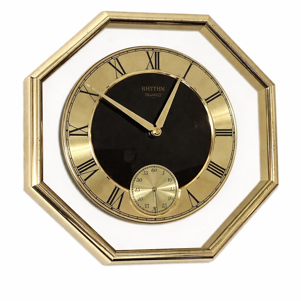 1980s Rhythm Japan Octagonal Brass Clock – Roman Numeral Geometric Dial, Postmodern