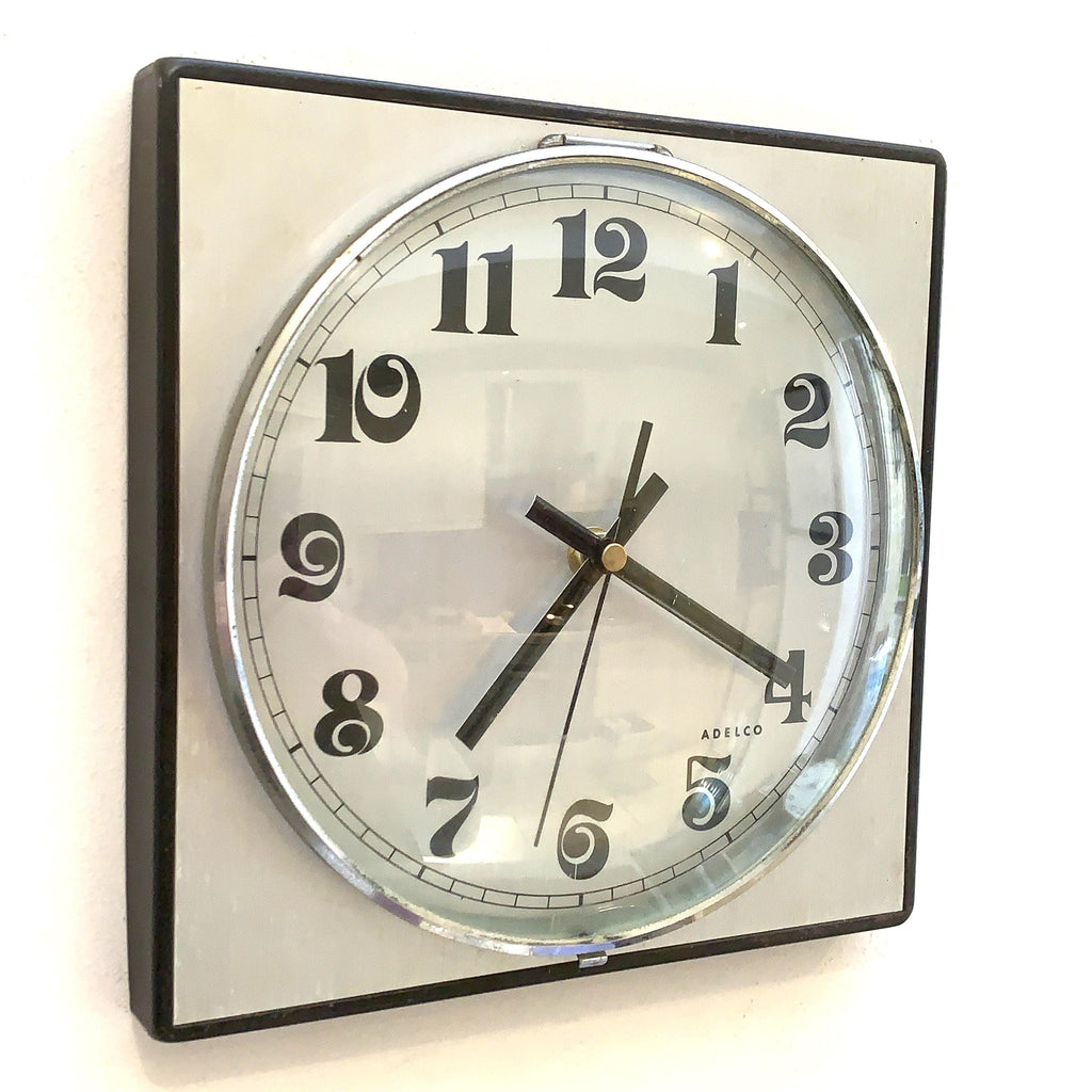 Adelco Wall Clock – 1960s Square Steel, Brushed Aluminium, Gothic Numerals