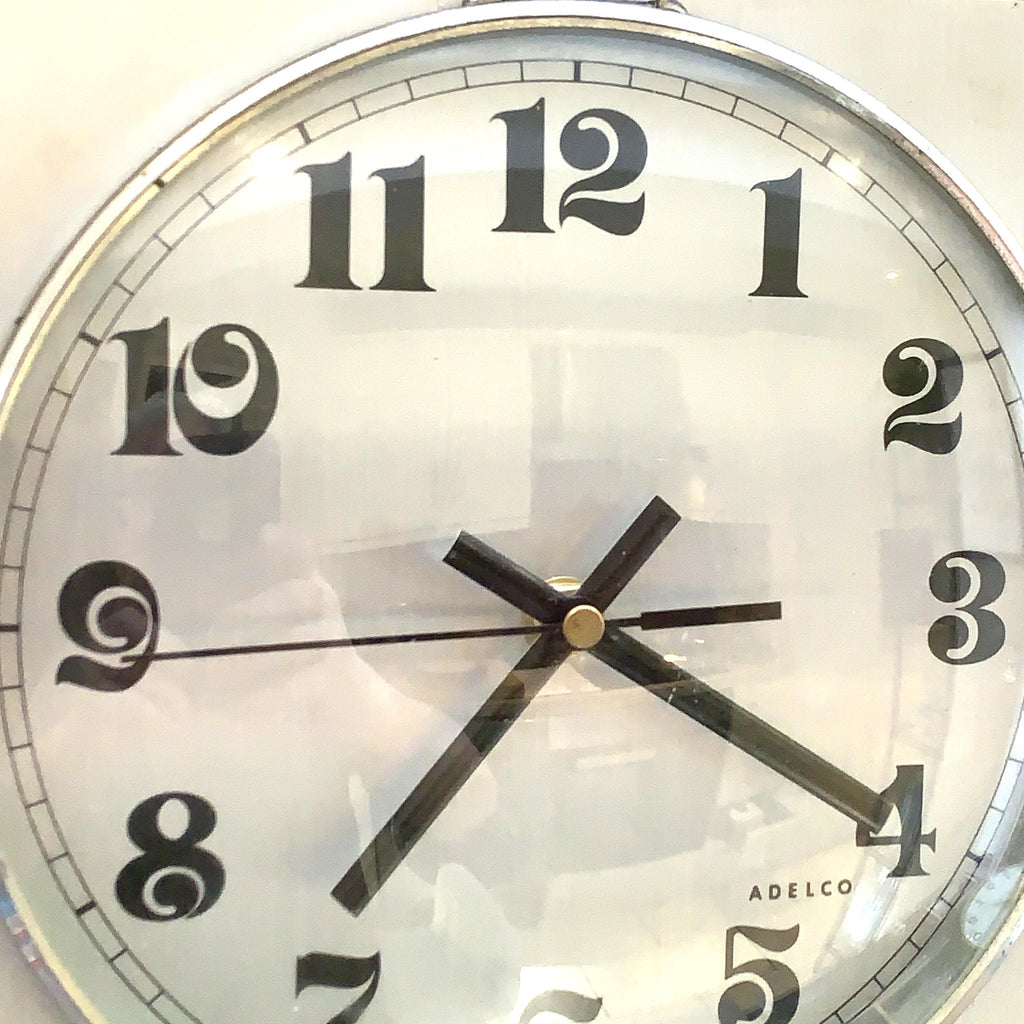 Adelco Wall Clock – 1960s Square Steel, Brushed Aluminium, Gothic Numerals