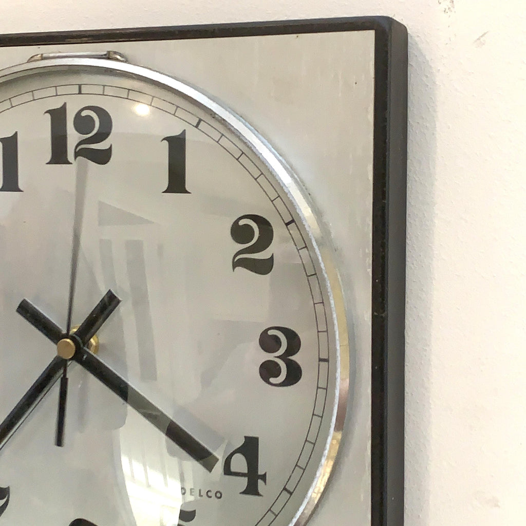 Adelco Wall Clock – 1960s Square Steel, Brushed Aluminium, Gothic Numerals