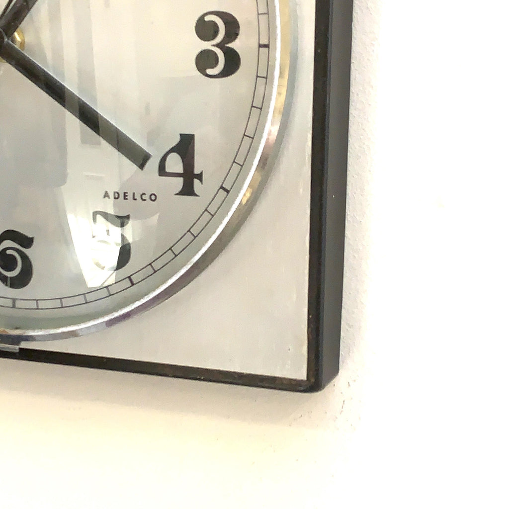 Adelco Wall Clock – 1960s Square Steel, Brushed Aluminium, Gothic Numerals