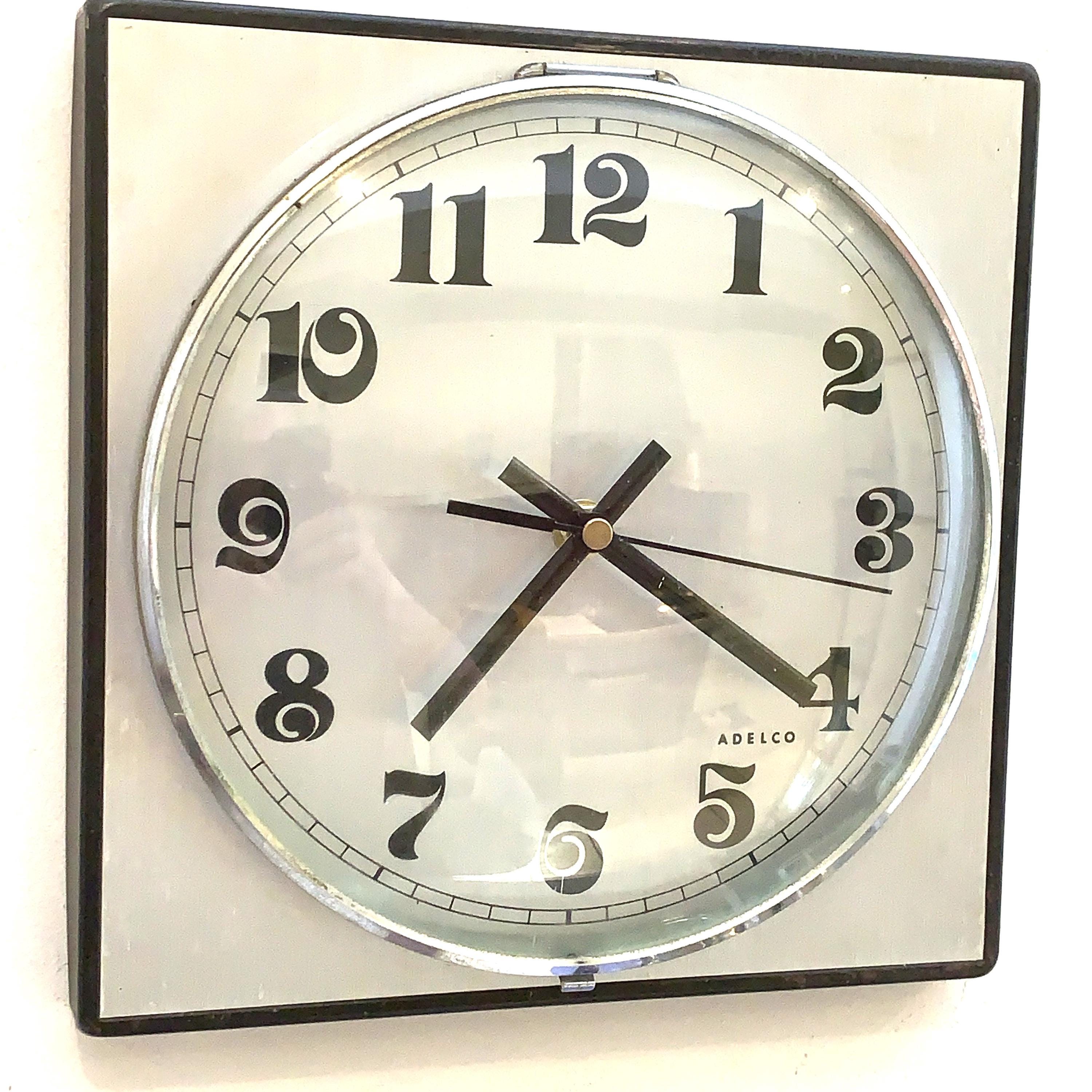 Adelco Wall Clock – 1960s Square Steel, Brushed Aluminium, Gothic Numerals