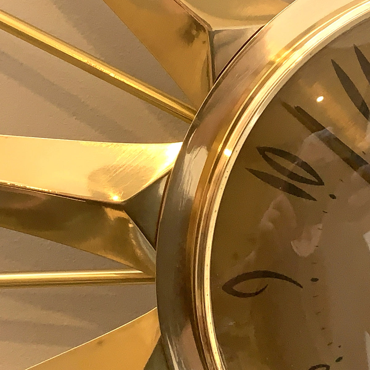 Anstey & Wilson Brass Starburst Wall Clock, 1960s British Sunburst, Restored, Original Hands, 18 Inch