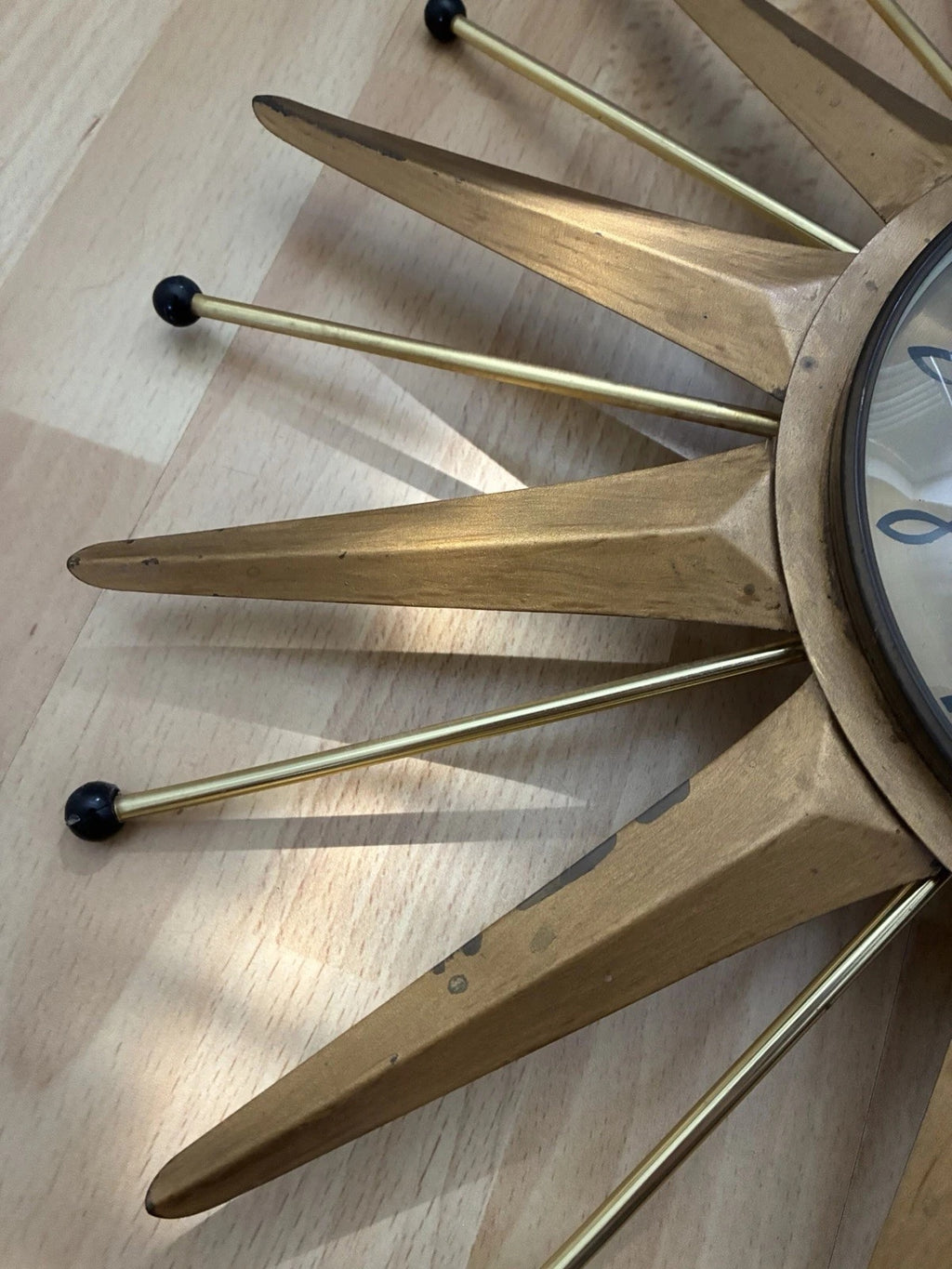 Anstey & Wilson Brass Starburst Wall Clock, 1960s British Sunburst, Restored, Original Hands, 18 Inch