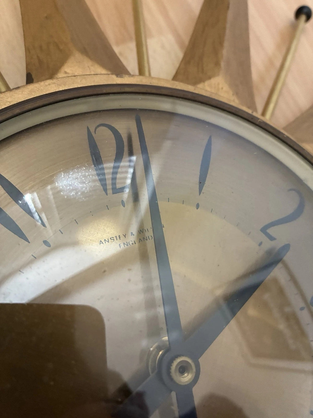 Anstey & Wilson Brass Starburst Wall Clock, 1960s British Sunburst, Restored, Original Hands, 18 Inch