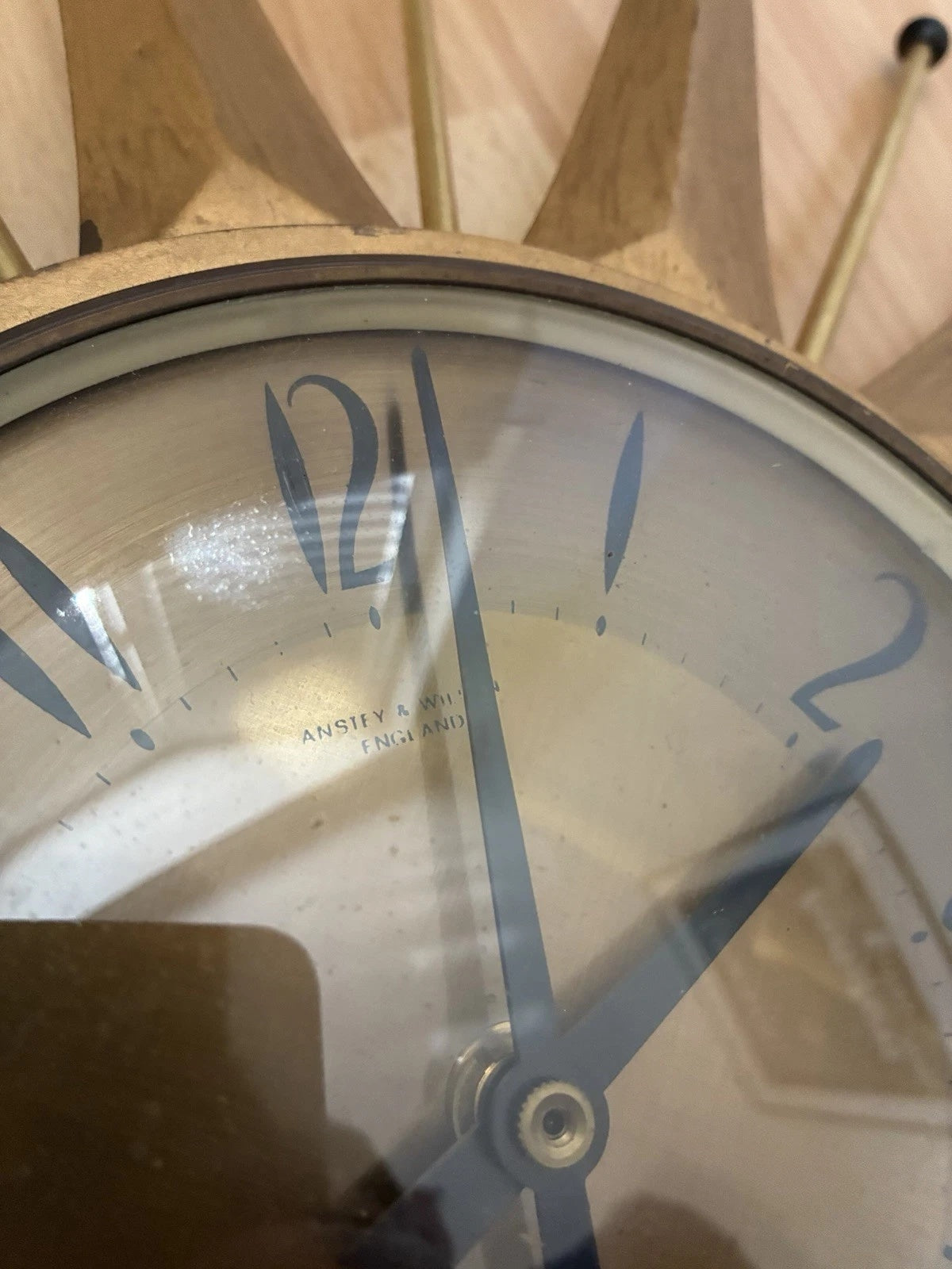 Anstey & Wilson Brass Starburst Wall Clock, 1960s British Sunburst, Restored, Original Hands, 18 Inch