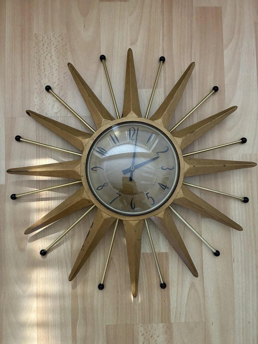 Anstey & Wilson Brass Starburst Wall Clock, 1960s British Sunburst, Restored, Original Hands, 18 Inch