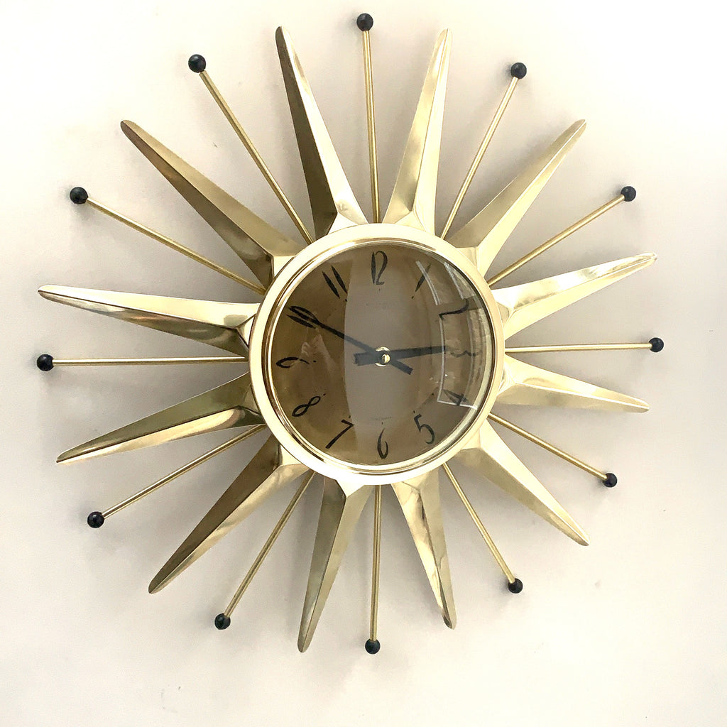 Anstey & Wilson Brass Starburst Wall Clock, 1960s British Sunburst, Restored, Original Hands, 18 Inch