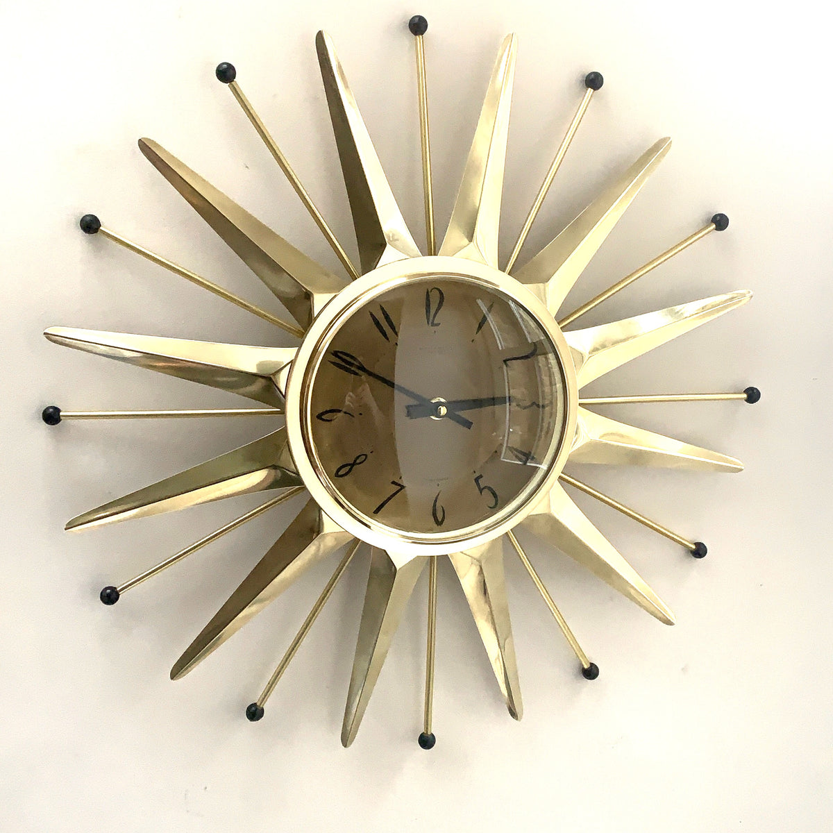 Anstey & Wilson Brass Starburst Wall Clock, 1960s British Sunburst, Restored, Original Hands, 18 Inch