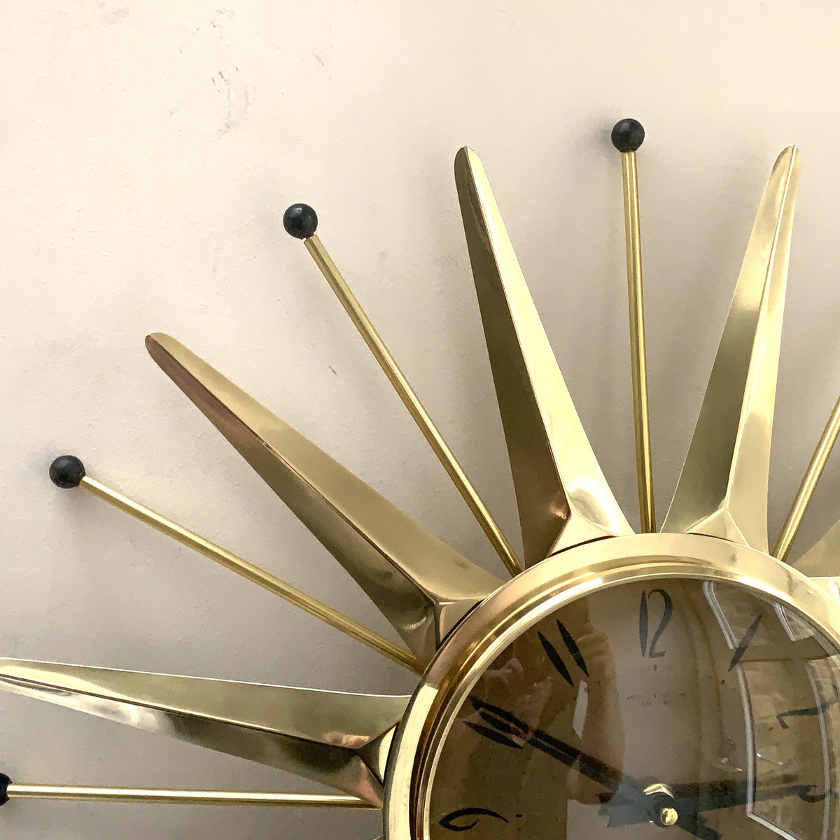 Anstey & Wilson Brass Starburst Wall Clock, 1960s British Sunburst, Restored, Original Hands, 18 Inch