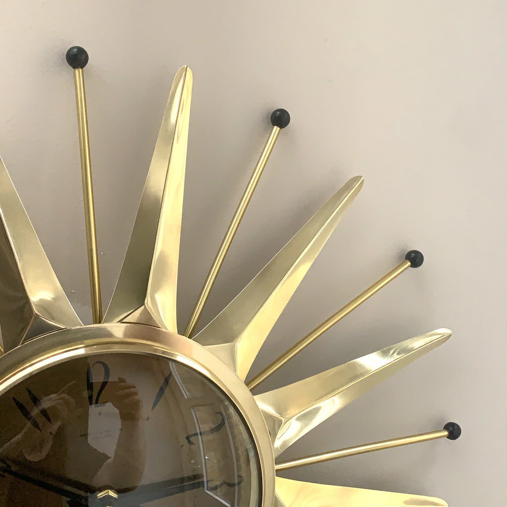 Anstey & Wilson Brass Starburst Wall Clock, 1960s British Sunburst, Restored, Original Hands, 18 Inch