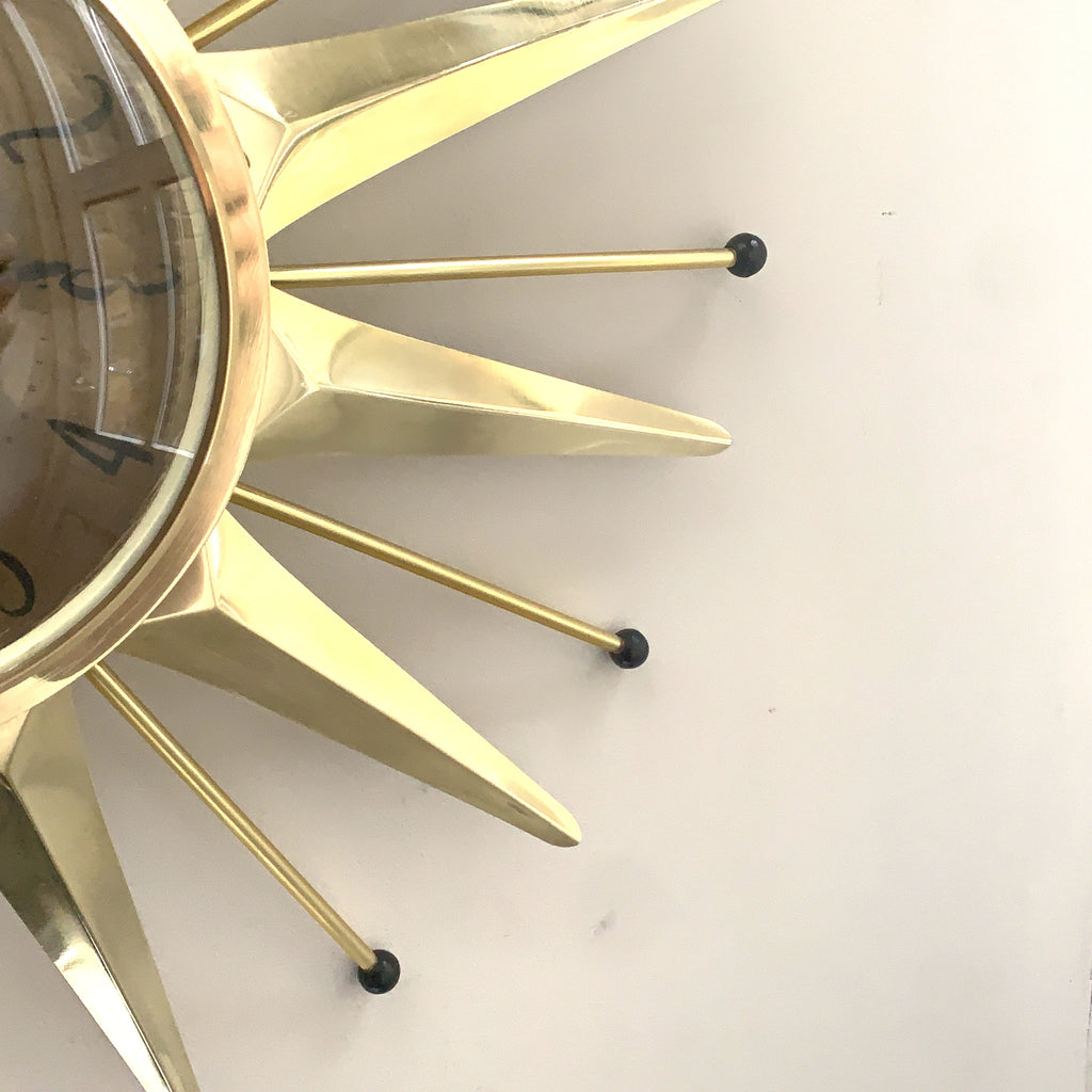 Anstey & Wilson Brass Starburst Wall Clock, 1960s British Sunburst, Restored, Original Hands, 18 Inch