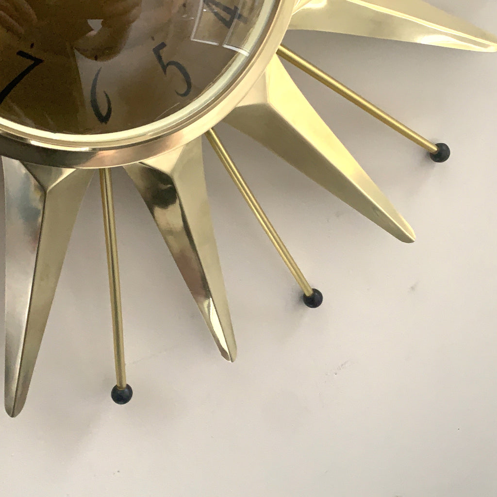 Anstey & Wilson Brass Starburst Wall Clock, 1960s British Sunburst, Restored, Original Hands, 18 Inch