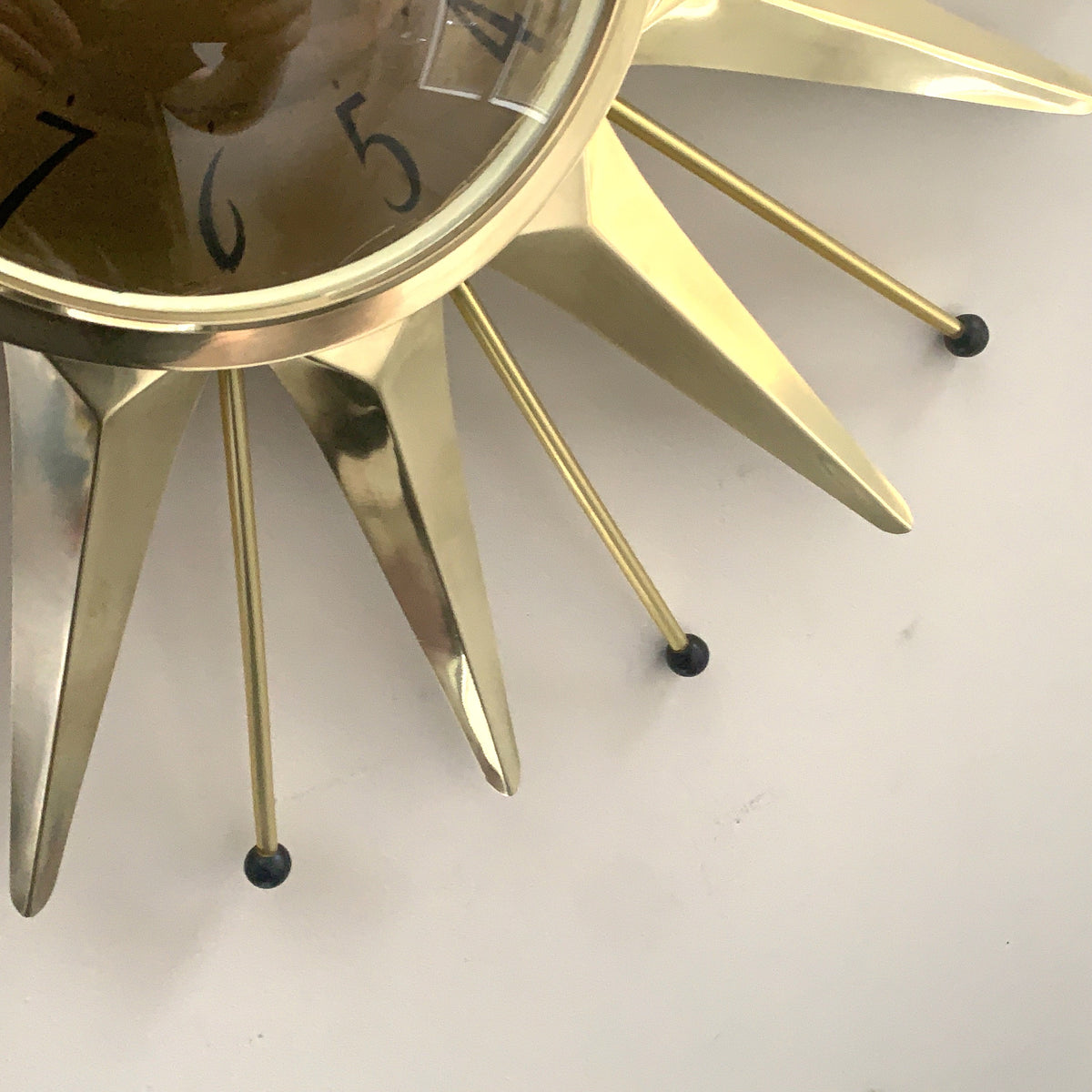Anstey & Wilson Brass Starburst Wall Clock, 1960s British Sunburst, Restored, Original Hands, 18 Inch