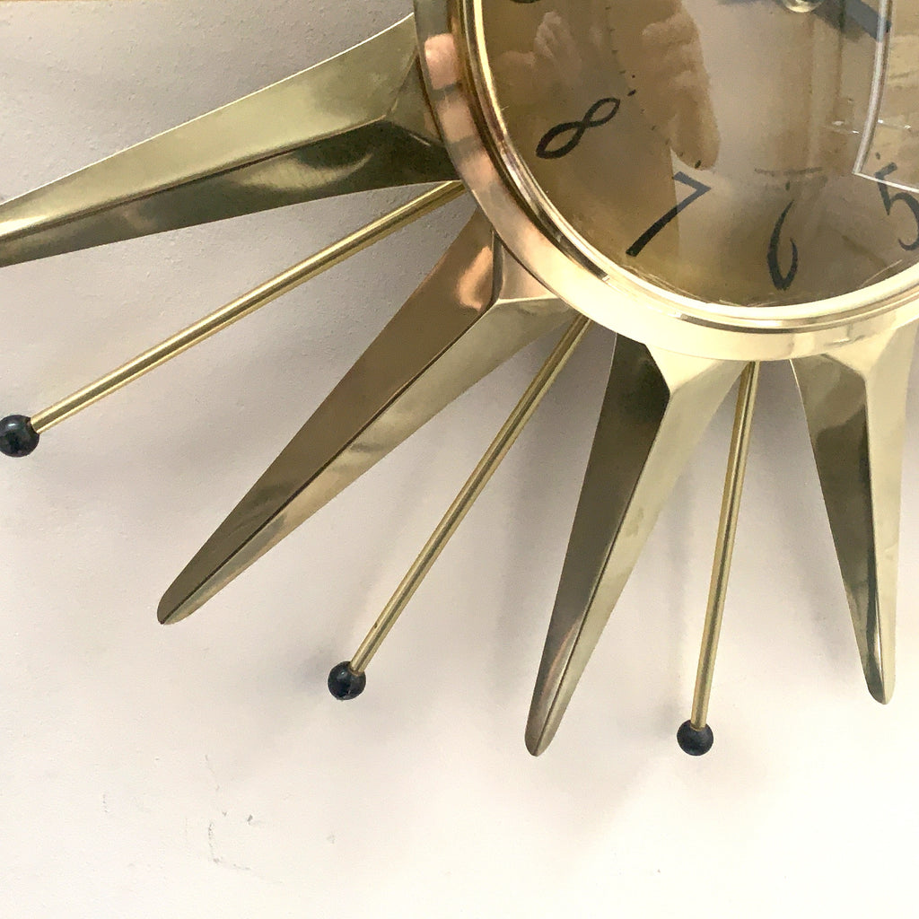 Anstey & Wilson Brass Starburst Wall Clock, 1960s British Sunburst, Restored, Original Hands, 18 Inch