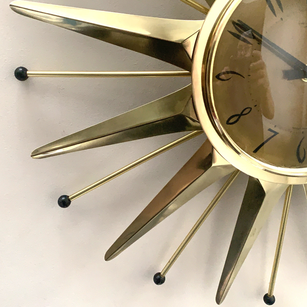 Anstey & Wilson Brass Starburst Wall Clock, 1960s British Sunburst, Restored, Original Hands, 18 Inch