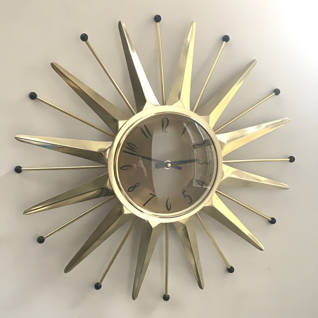 Anstey & Wilson Brass Starburst Wall Clock, 1960s British Sunburst, Restored, Original Hands, 18 Inch