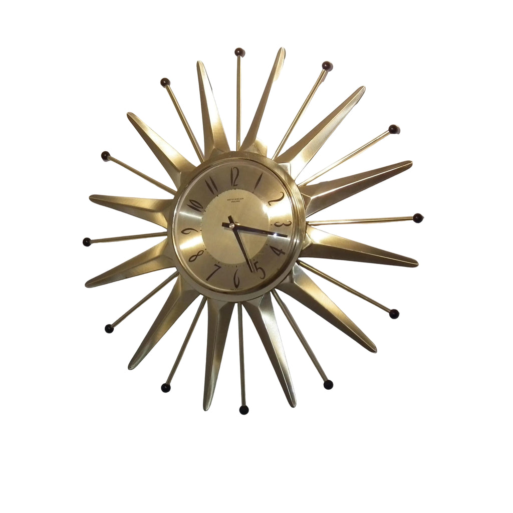 Anstey & Wilson Brass Sunburst Clock – 1960s Mid Century Modern Starburst Wall Clock