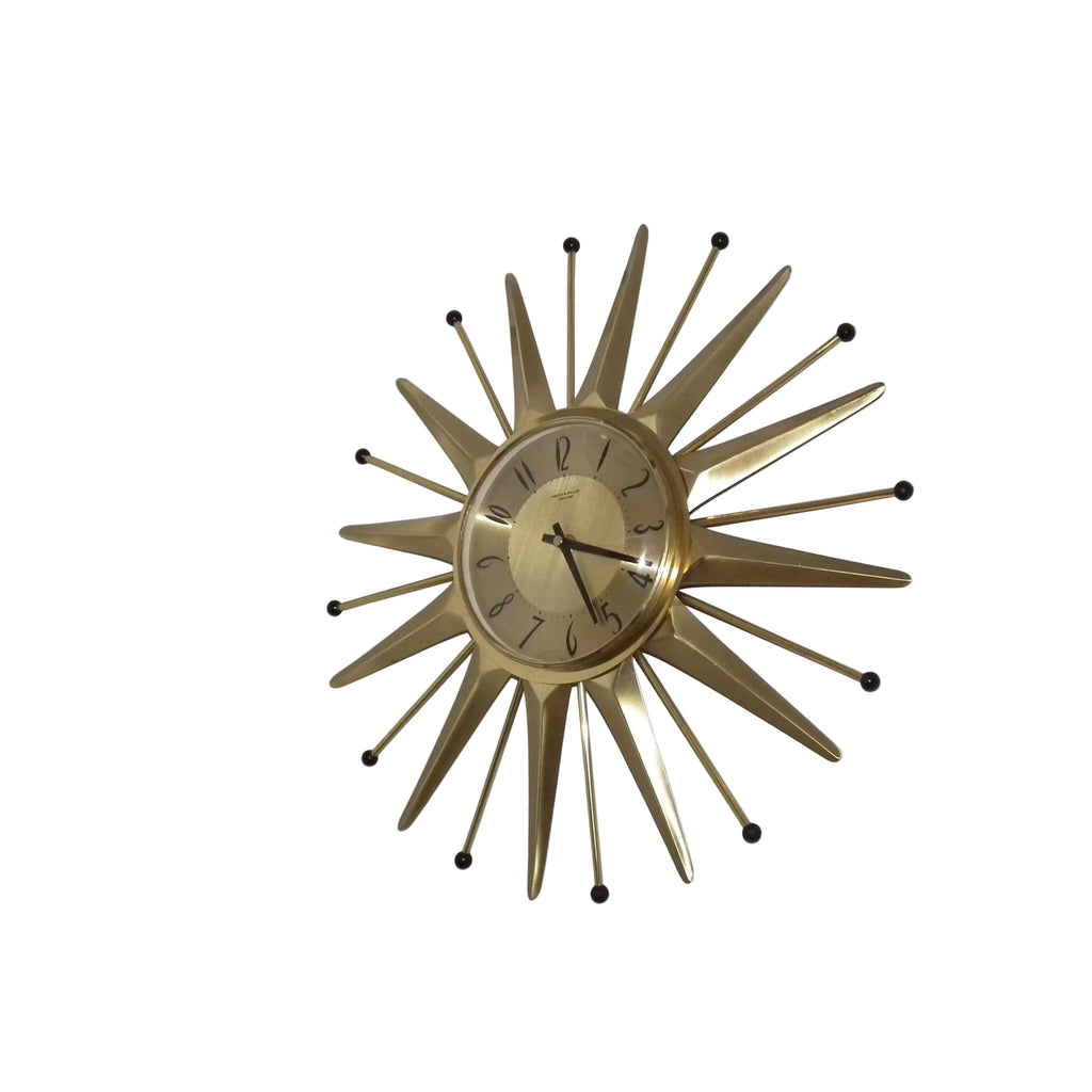 Anstey & Wilson Brass Sunburst Clock – 1960s Mid Century Modern Starburst Wall Clock