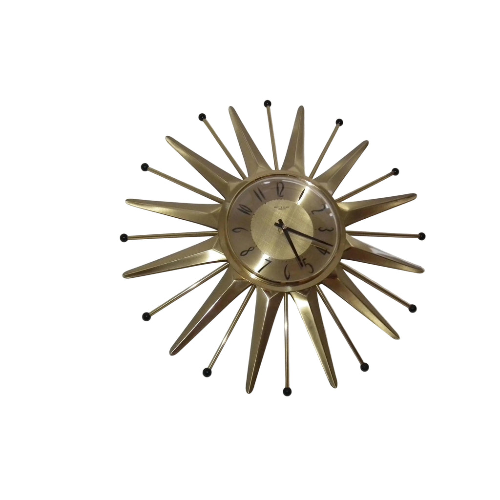 Anstey & Wilson Brass Sunburst Clock – 1960s Mid Century Modern Starburst Wall Clock
